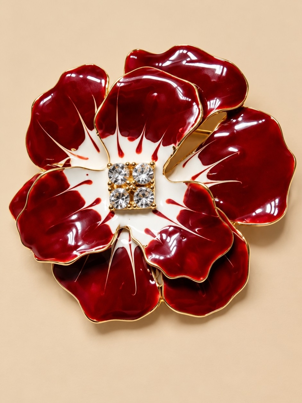 Decorative Red Enamel Flower Accent with white Stones In Center